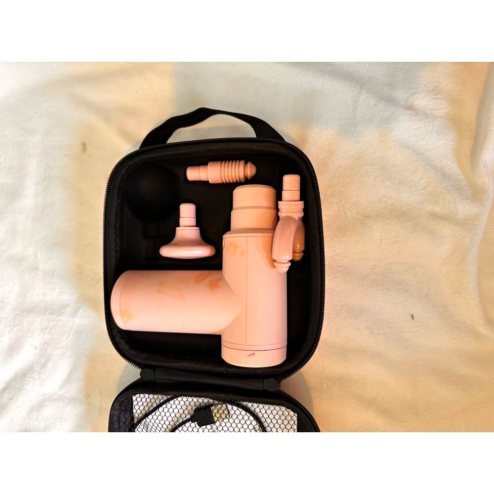 Pink Handheld Cordless Massage Gun Full Body 4 Heads Carry Case USB Charge